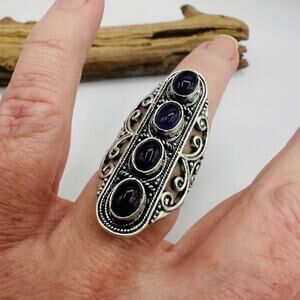 Vintage Black Onyx Sterling Silver Ring – Size 8, Four-Stone Ornate Design
